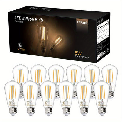 ST58 Vintage Edison LED Filament Bulbs, 8 W with Dimmable E26 Base and 2700 K Warm White, 12 or 24 Packs