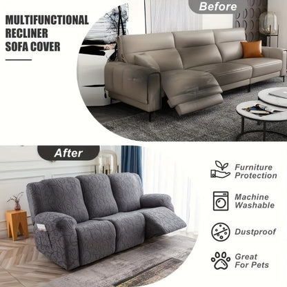 Chenille Recliner Sofa Cover 3 Seater High Stretch Thickened Hooked Fabric - Machine Washable Wear Resistant Couch Slipcover | Sand Color Light Grey Chocolate | Living Room Bedroom Furniture Protector