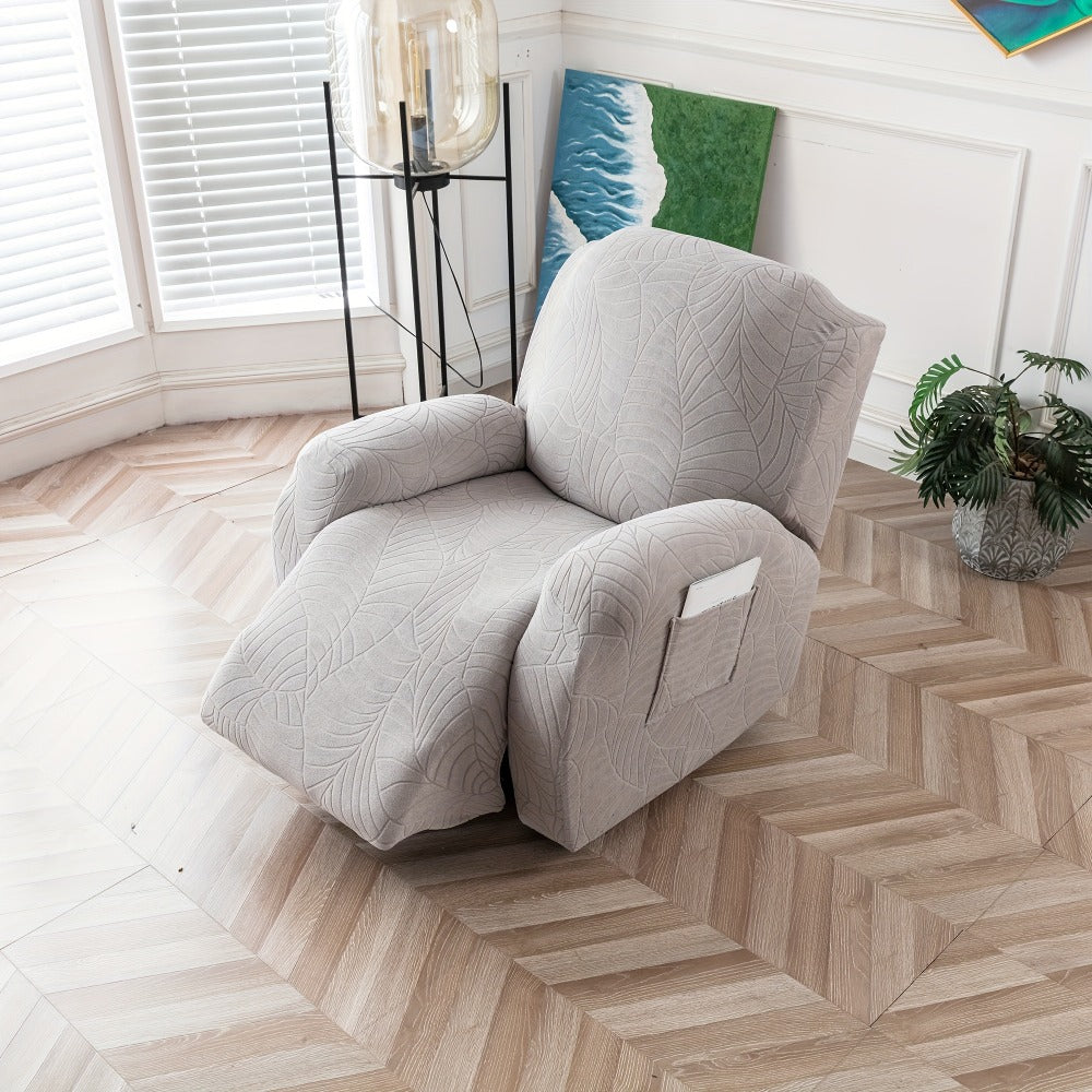 Four-Piece Recliner Chair Cover Set with Leaf Jacquard Pattern, Side Pocket and Six Color Options