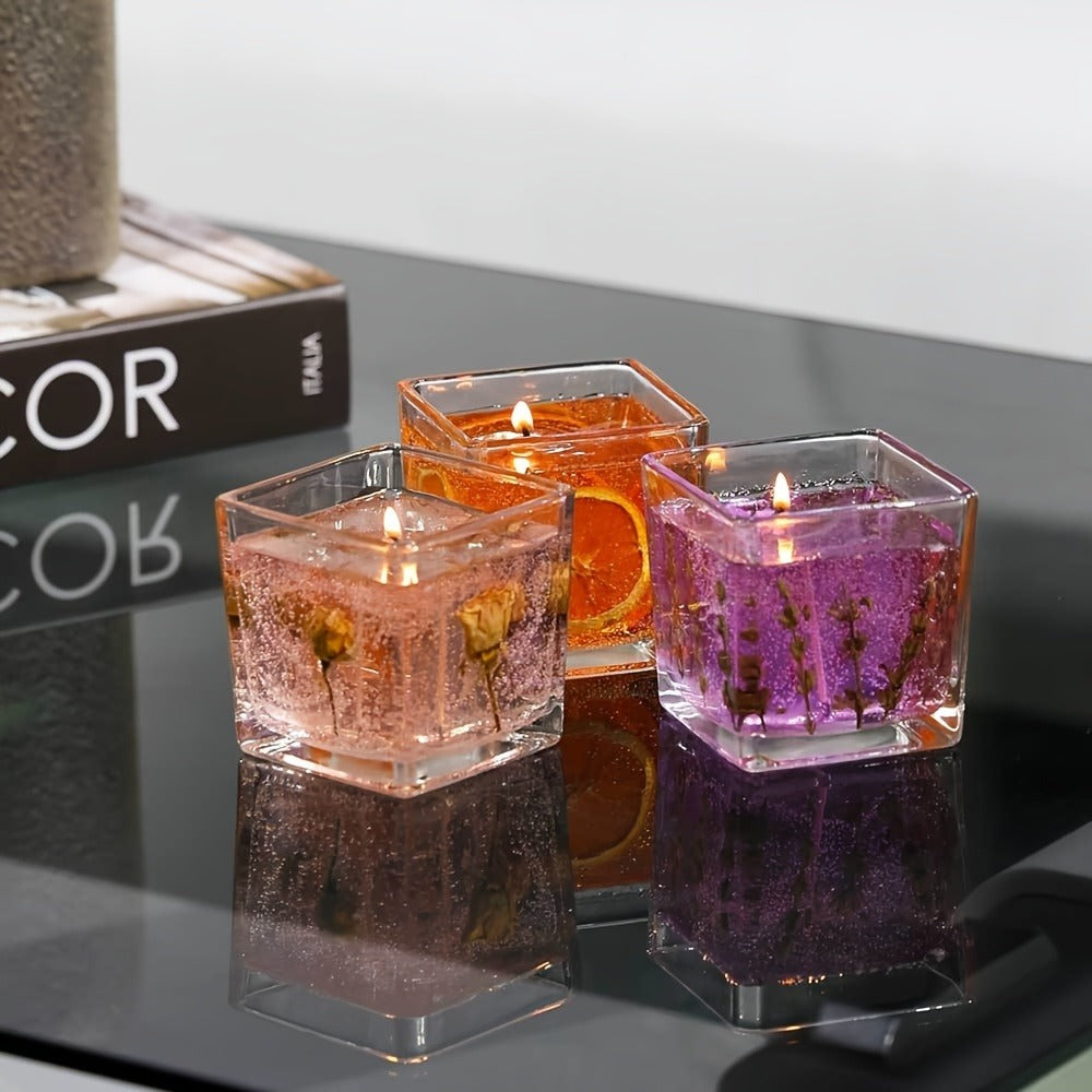 550g Floral Inlay Candle in Approximate 8 x 8cm Square Glass Jar, Single Wick and Two Styles