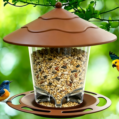 Hanging Bird Feeder with Tiered Roof, Clear Seed Chamber and Brown, Grey or Green Finish Options
