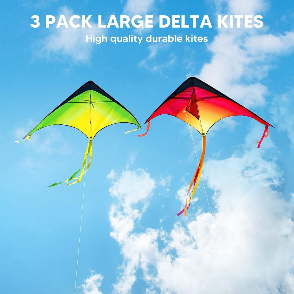 Large Delta Kite 3 Pack for Kids & Adults, Gradient Easy-to-Fly Kites with 58-Inch Wingspan & 262.5 Ft String