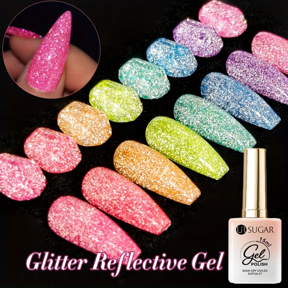 Gel Nail Polish – Reflective Glitter UR SUGAR 15ml Fluorescent Neon Shimmer UV LED Soak Off Semi Permanent Nail Art Varnish Manicure Set