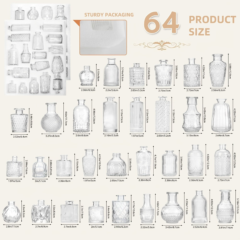 64-Piece Clear Glass Bud Vase Set in Mixed Small Shapes and Sizes for Wedding Tables and Home Displays
