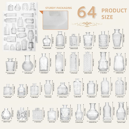 64-Piece Clear Glass Bud Vase Set in Mixed Small Shapes and Sizes for Wedding Tables and Home Displays