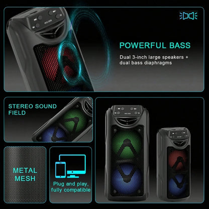Dual Speaker Bluetooth Speaker with LED Ambient Lighting MOS-2058, Portable Wireless Stereo Sound System for Bedroom Living Room Party Outdoor Camping, Rechargeable Home Audio Speaker with Colorful Mood Lights