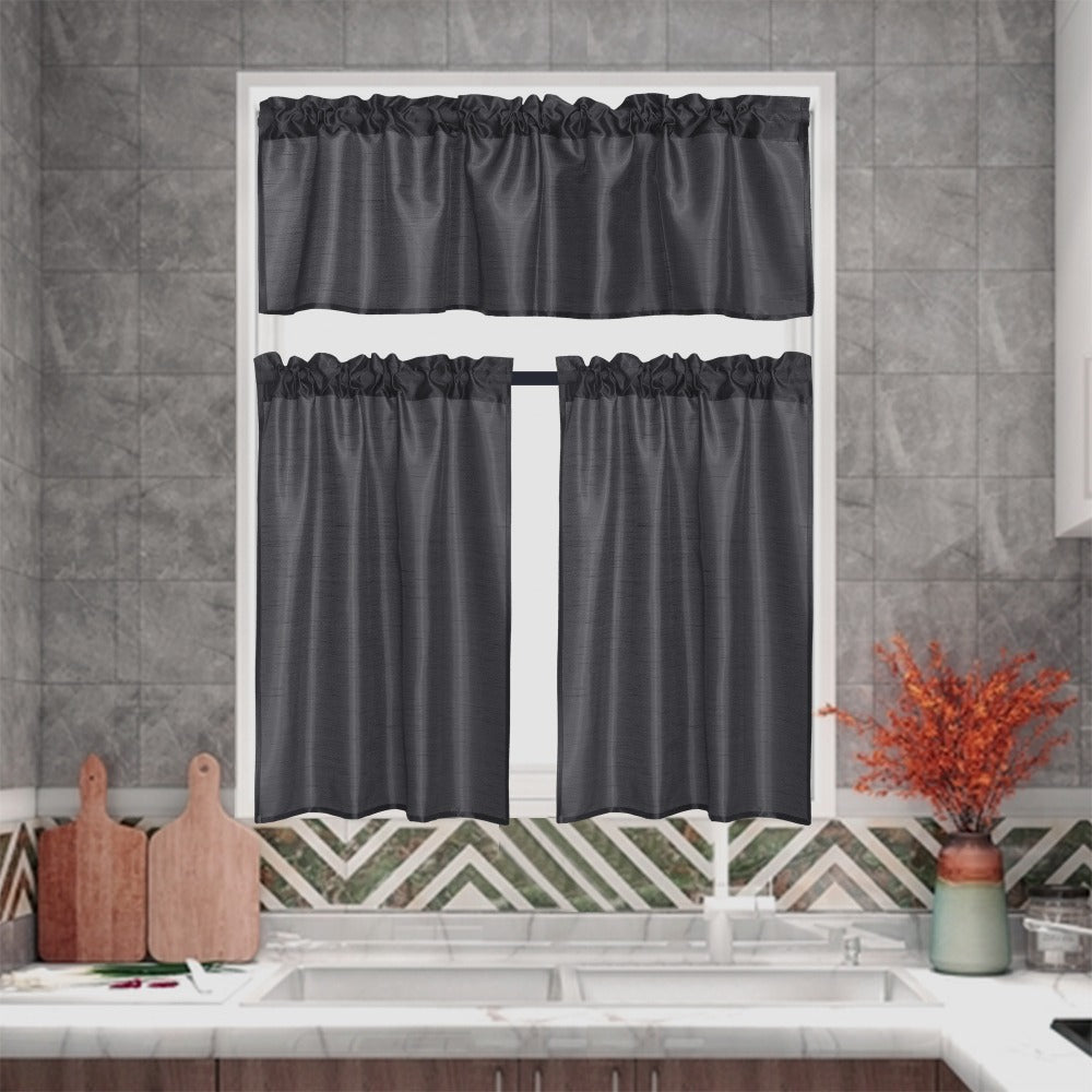 Kitchen Curtains 3 Panels Faux Silk Sheer Tier and Valance Set Rod Pocket 2 Tiers 26x36 inch + Valance 52x14 inch for Kitchen Bathroom Window Drapes