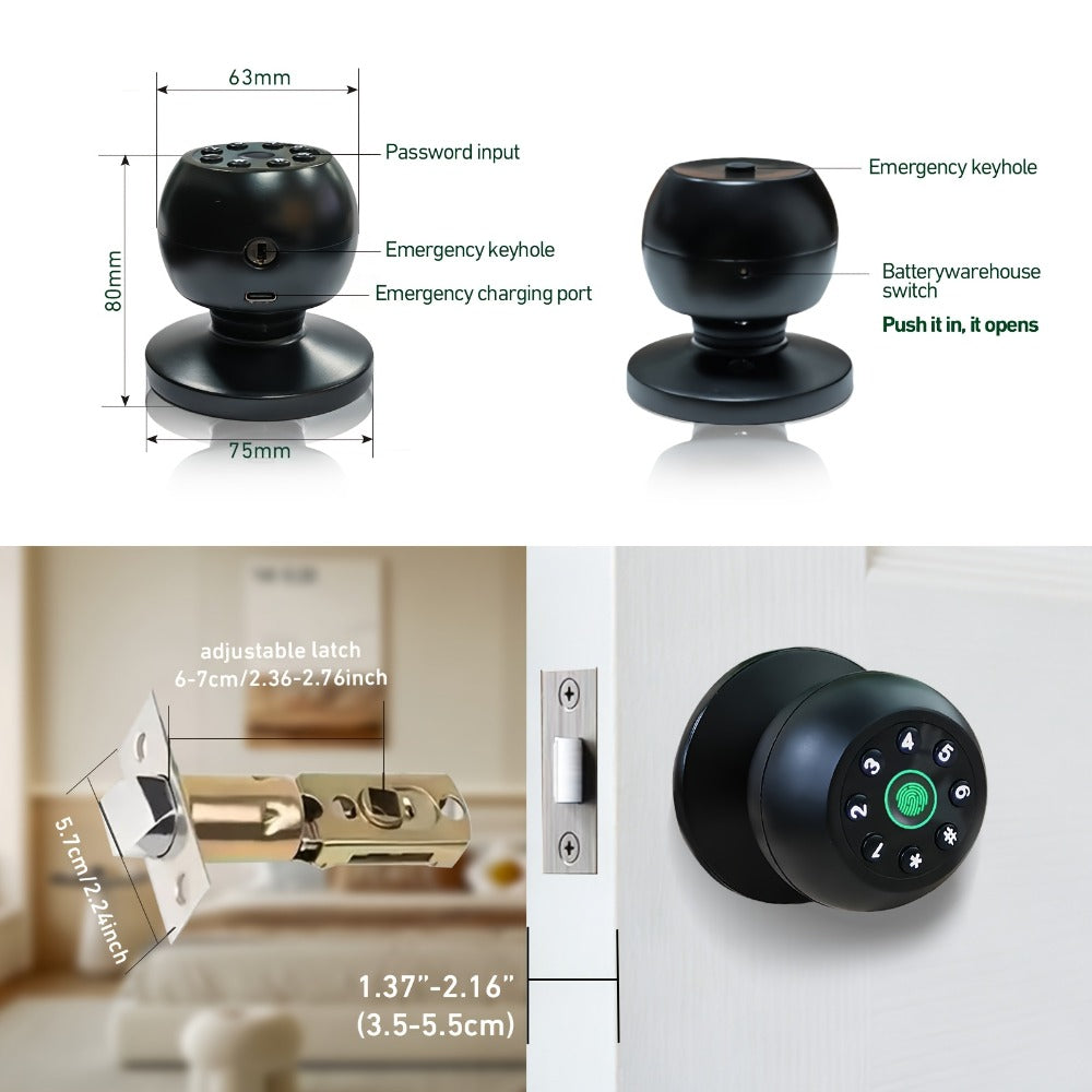 Matte Black Smart Door Knob Lock with Fingerprint & Keypad, App Control, Auto Lock, Keyless Entry Biometric Door Knob for Bedroom Home Office Interior Door, Easy DIY Install