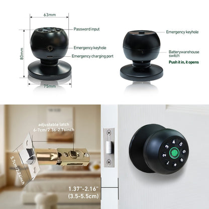 Matte Black Smart Door Knob Lock with Fingerprint & Keypad, App Control, Auto Lock, Keyless Entry Biometric Door Knob for Bedroom Home Office Interior Door, Easy DIY Install