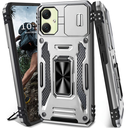 Samsung Galaxy Shockproof Magnetic Phone Case with 360° Rotating Ring Bracket & Sliding Lens Protector – Heavy Duty Cover for S24FE S23FE S22 S21FE Ultra A55 A54 A35 A34 A25 A24 A16 A15 A14 A06 A05 A05S 5G