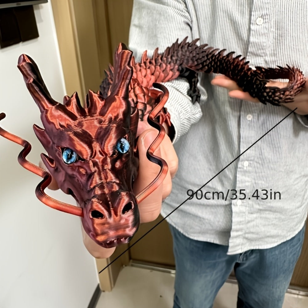 35.4-Inch Articulated Chinese Dragon Figurine with Movable Segments and Four Color Checkouts with Eyes