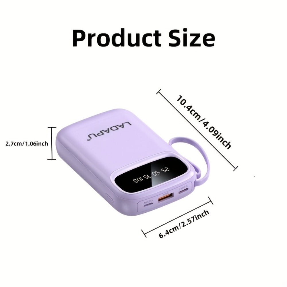 Power Bank 10000mAh with Three Built-In Cables, 5W/15W/22.5W Options, Digital Display and Lanyard