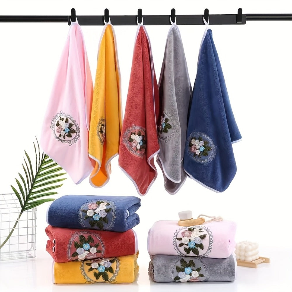 Towel Set 3-Piece Embroidered Flower Bath and Face Towels in White, Blue, Pink or Gray for Home and Guest Use