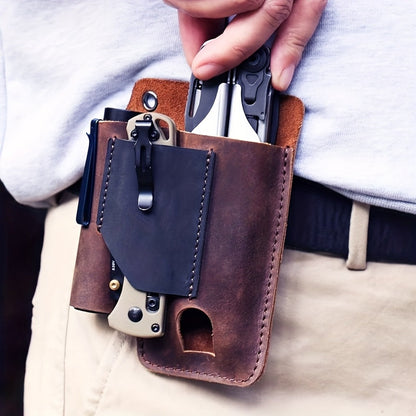 EDC Multitool Belt Holster with Clip, Loop and Pockets for Flashlight and Pen in Black or Brown