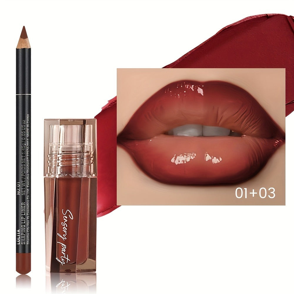 Lip Gloss Lip Liner Set Hydrating Water-Gloss Dewy Finish - 3D Precision Contour Matte Liner, for Makeup, Travel and Everyday Vanity Use