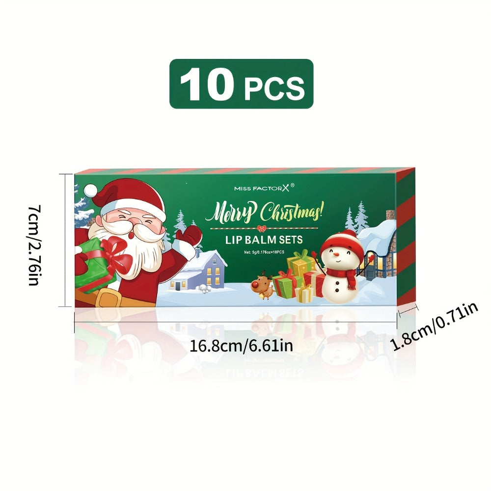 Moisturizing Lip Balm Set 10-Pack with Vitamin E — MISS FACTORX Natural Look Lipstick Collection for Women, Hydrating & Nourishing, All Skin Types, Christmas Holiday & Valentine's Day Gift