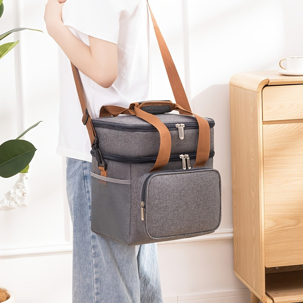 Double-Layer Lunch Carrier Bag with Shoulder Strap and One-Piece Checkout Options in Three Colors