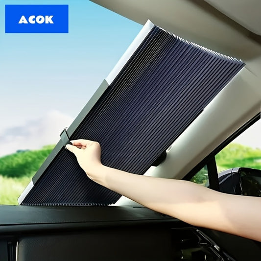 Retractable Windshield Sunshade Aluminum | Auto Fold UV Resistant Heat Insulation, Buckle Stick Install, Front Window Sun Shade Curtain for Car SUV Truck