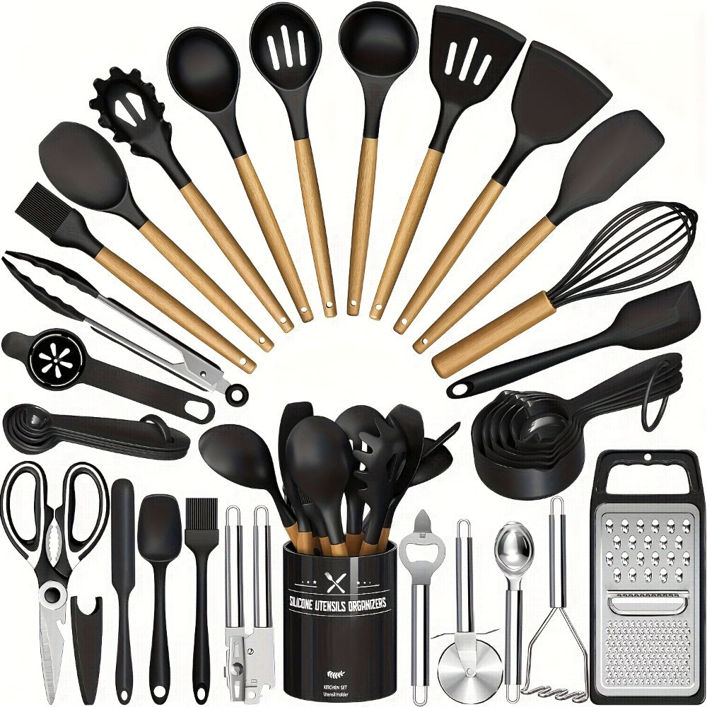 Silicone Kitchen Utensils Set 45pcs – Cooking Utensils for Nonstick Cookware, Stainless Steel Handle Spatulas, Heat Resistant Kitchen Gadgets & Tools, Pots and Pans Accessories, Black