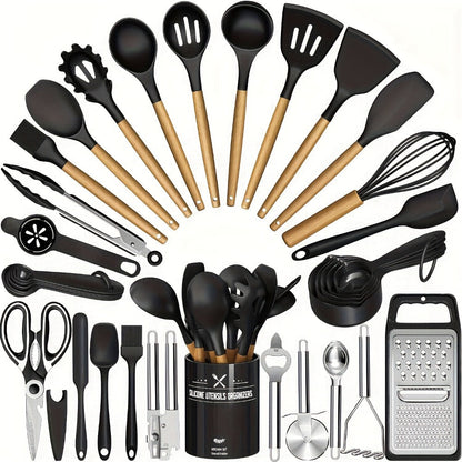 Silicone Kitchen Utensils Set 45pcs – Cooking Utensils for Nonstick Cookware, Stainless Steel Handle Spatulas, Heat Resistant Kitchen Gadgets & Tools, Pots and Pans Accessories, Black