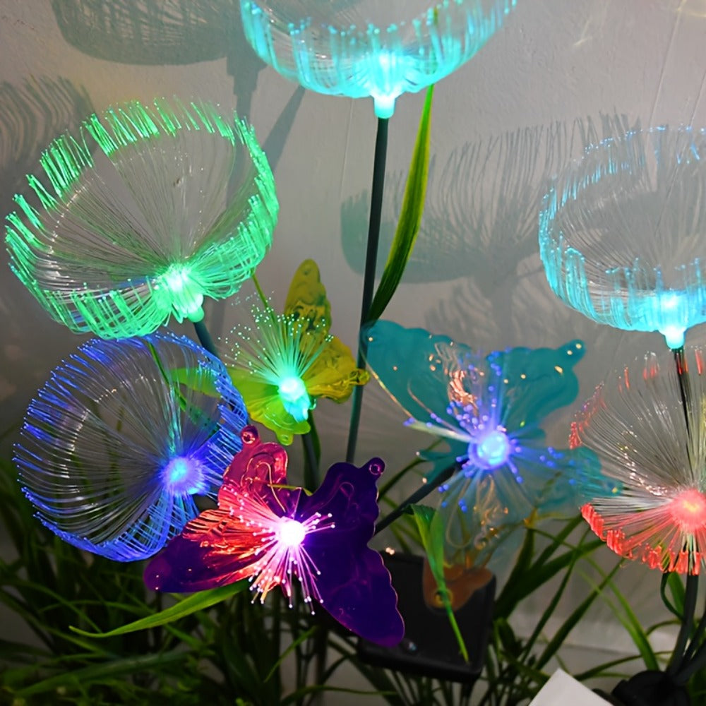 Solar Garden Lights 4-Pack, Fiber Optic Jellyfish Butterfly Stake Lights with 7-Color Changing LED & IP65 Waterproof — Solar Outdoor Lights for Garden Path, Yard, Patio & Holiday Decor