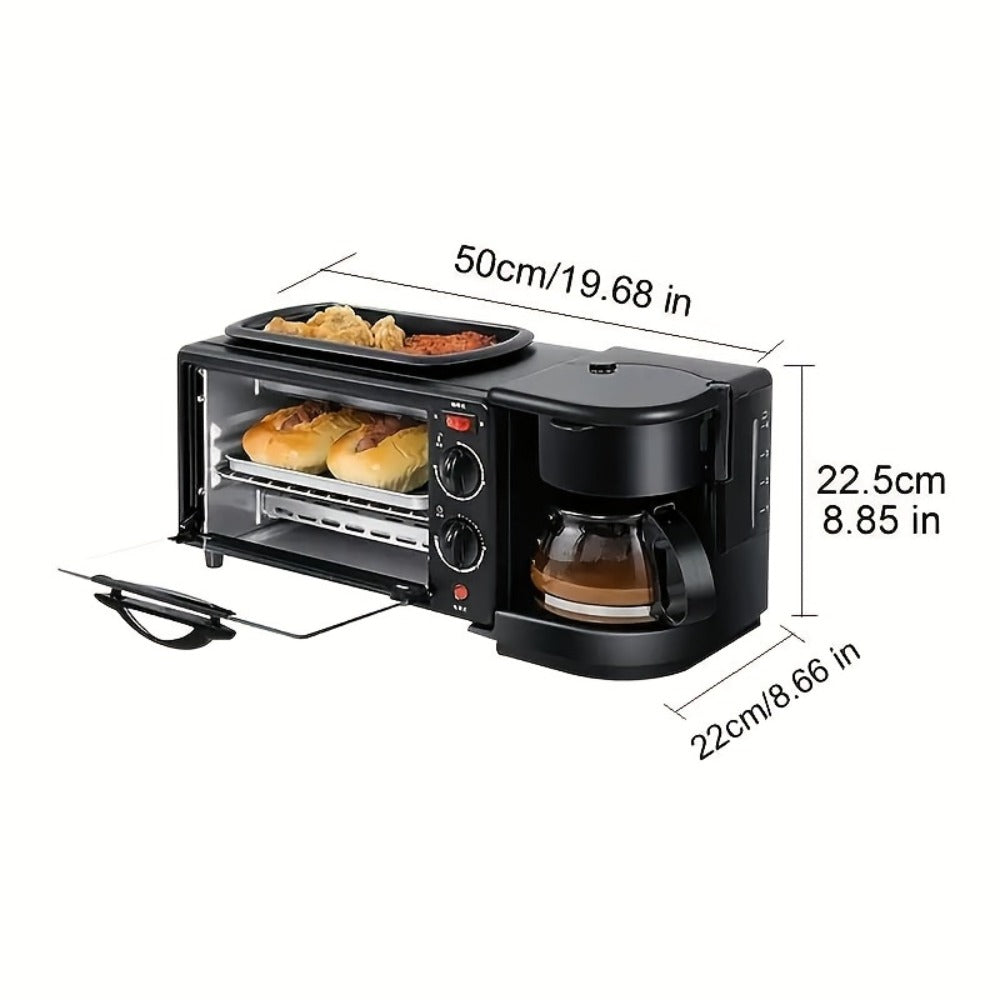 3-in-1 Breakfast Station Maker - Coffee Maker + Toaster + Frying Pan Combo, One-Touch Timing Fast Cooking