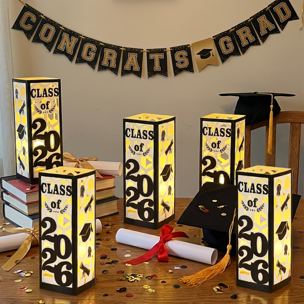 Six-Piece Class of 2026 Graduation Centerpiece Set with Paper Lantern Boxes in Six Color Themes