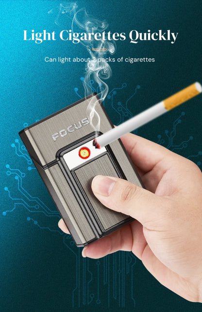 Black Pop-Up Cigarette Case with Integrated USB-Rechargeable Electric Lighter and Sliding Cover
