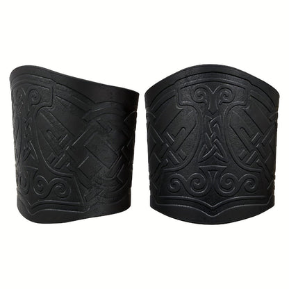 Viking Leather Cuff Bracelet Set 2pcs Norse Mythology Mjolnir Vegvisir Embossed Wristband for Men Women Halloween Gift