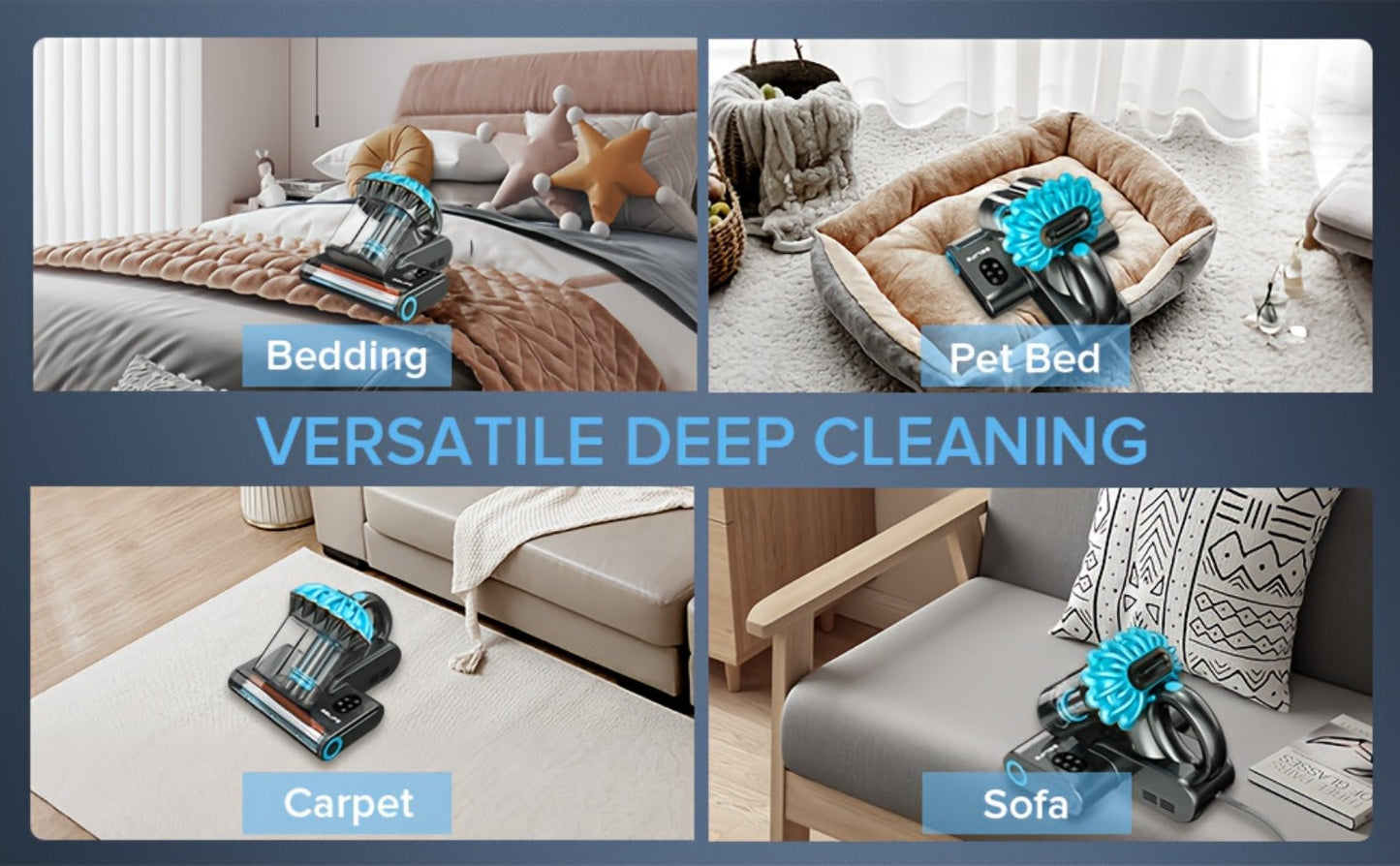 Corded Mattress Vacuum Cleaner with 550W 20000Pa Labels, Blue Trim, Dual Cyclone Cups and Filter