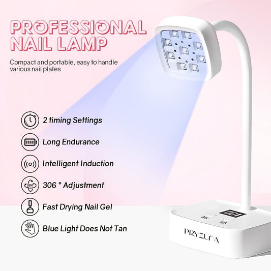 Gooseneck LED Nail Lamp 360° Flexible Portable USB Rechargeable Gel Nail Dryer Auto Sensor LCD Display 2 Timer Settings 9-Bead Dual Light Quick Dry for Home Salon Gel Polish Nail Art White