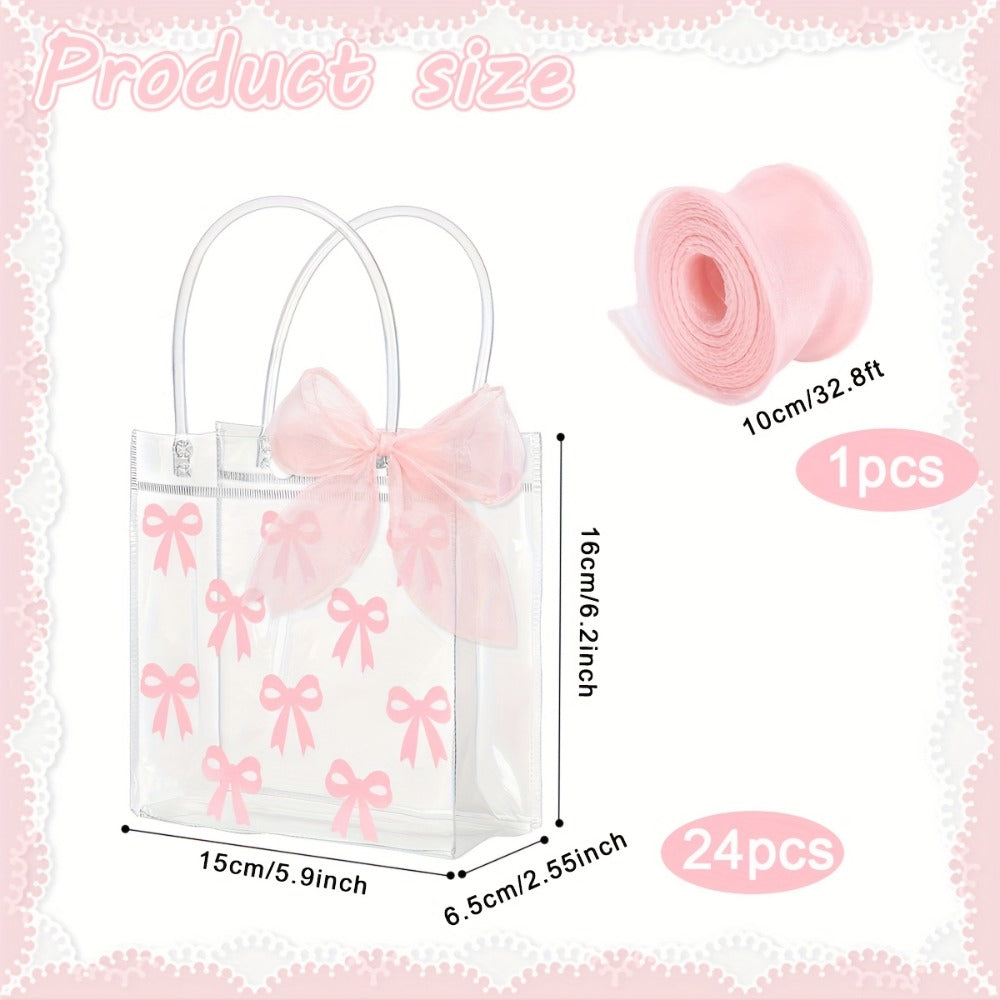 Gift Bag Set Clear PVC, 24 Transparent Tote Bags with Pink Bow Handles and One 32.8-Foot Ribbon Roll