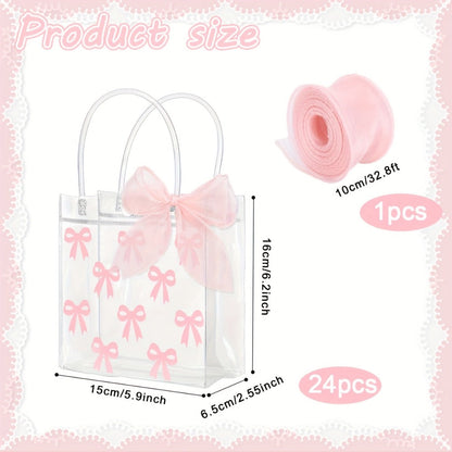 Gift Bag Set Clear PVC, 24 Transparent Tote Bags with Pink Bow Handles and One 32.8-Foot Ribbon Roll