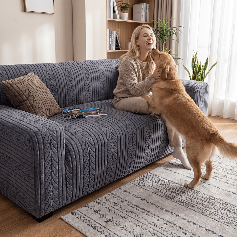 Sofa Cover Elastic Velvet Leaf Jacquard Full-Cover Slipcover with Pillowcase for 1 to 4-Seater Sofas