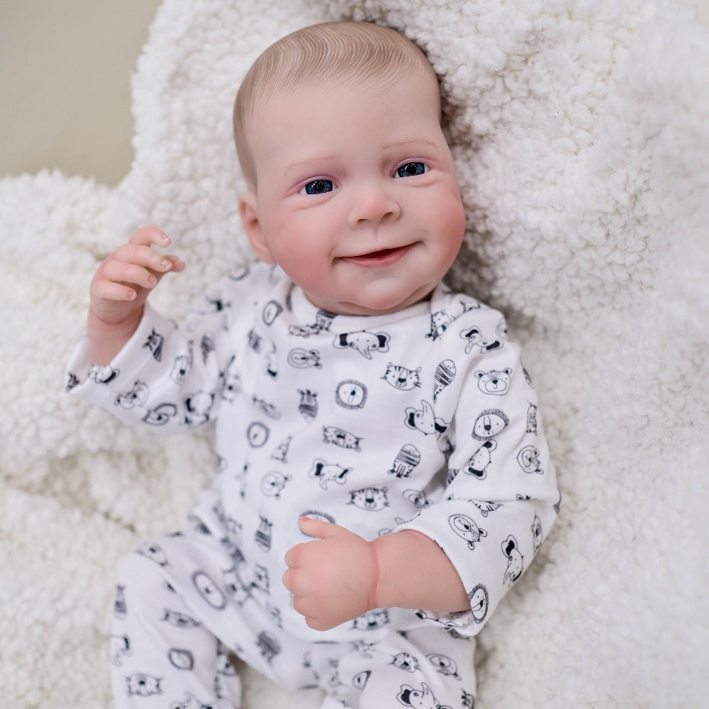 Reborn Doll, 19-Inch Cloth-Body Smiling Figure with Vinyl Head and Limbs, Printed Outfit and Bottle