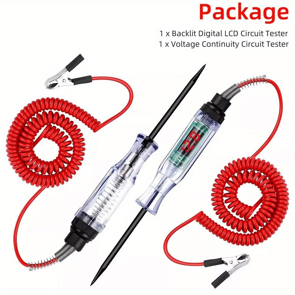 Two-Piece 6–24V Automotive Circuit Tester Pen Set with Coiled Leads, Probes and Alligator Clips