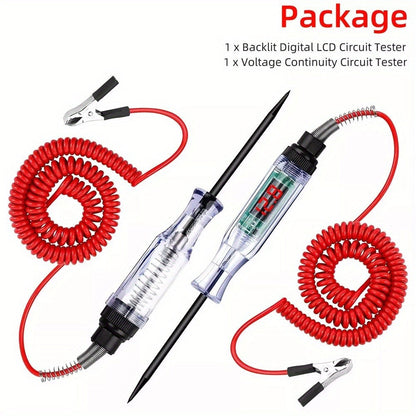 Two-Piece 6–24V Automotive Circuit Tester Pen Set with Coiled Leads, Probes and Alligator Clips