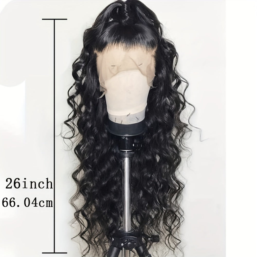 Synthetic Wig 13x4 Lace Front Loose Wave, 26-Inch Black Glueless Free-Part Style for Daily Glam