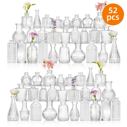 Party Decorations Clear Mini Bud Vase Set with 12, 30, 43 or 52 Mixed Shapes for Table Displays