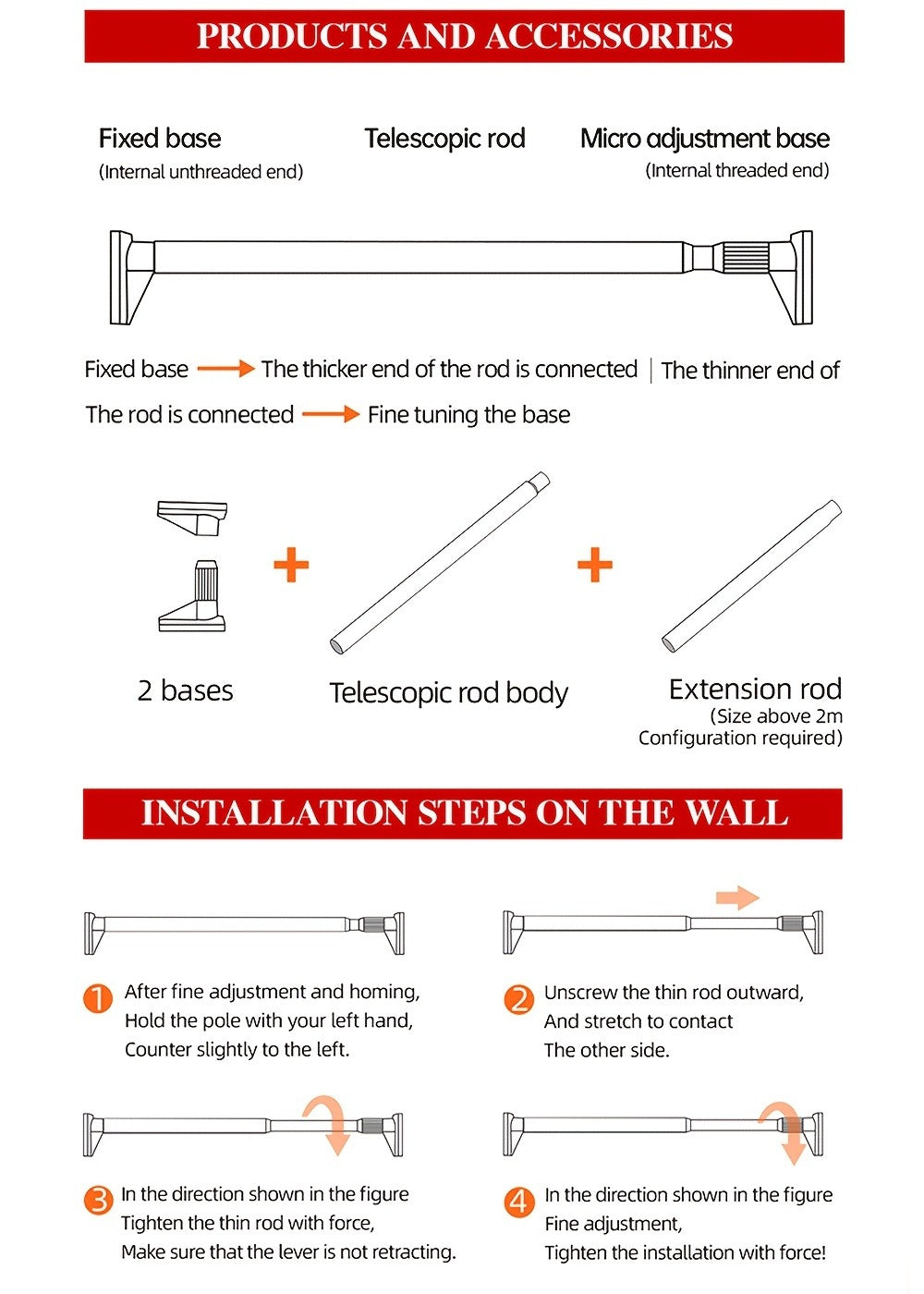 No-Drill Tension Curtain Rod with 33 mm Tube, Black, White or Grey Finish and 15.75–196.85 Inch Ranges