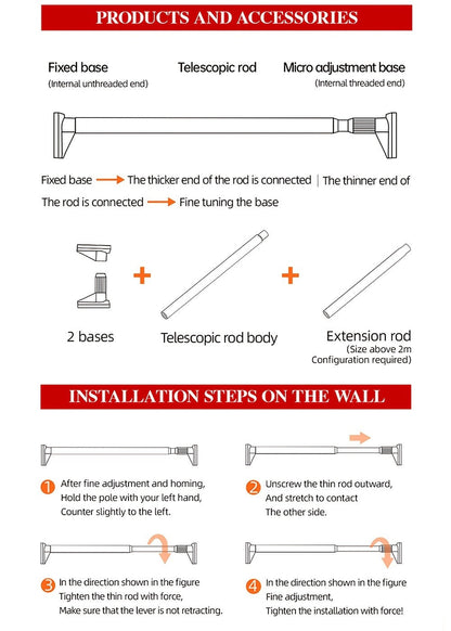 No-Drill Tension Curtain Rod with 33 mm Tube, Black, White or Grey Finish and 15.75–196.85 Inch Ranges