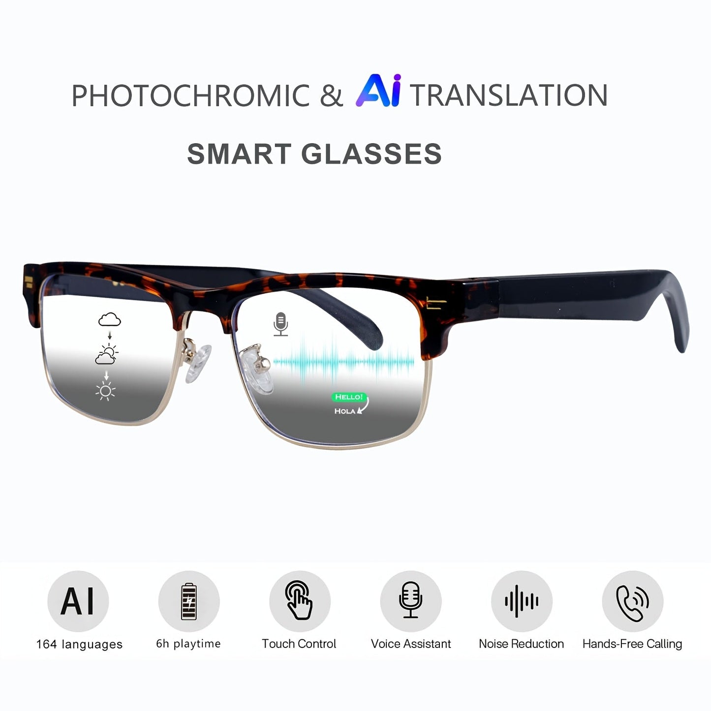 Smart Glasses 160-Language Translation Eyewear with Open-Ear Audio and 19 Photochromic Frame Options