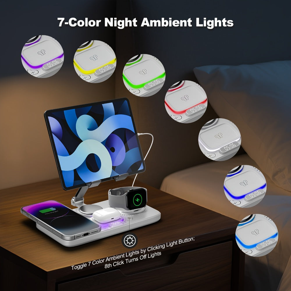 Wireless Charging Station, WLP Power 6-in-1 15W Dock with Clock, Atmosphere Light and Four-Device Layout