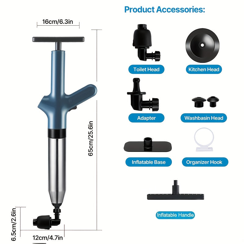 Toilet Plunger Set High Pressure Air Drain Unclogger - Stainless Steel Toilet Snake & Air Discharge Impactor for Clogged Toilet, Kitchen Sink, Bathroom Drain & Pipe Blockage Removal
