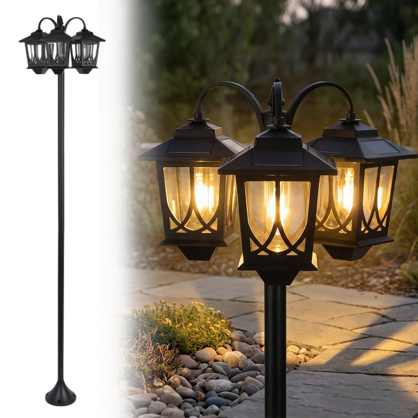 Solar Lamp Post 73in 3-Head Dusk to Dawn Outdoor Garden Light IP44 Waterproof Aluminum Rust-Proof Vintage Edison Bulb Patio Yard Pathway Decor