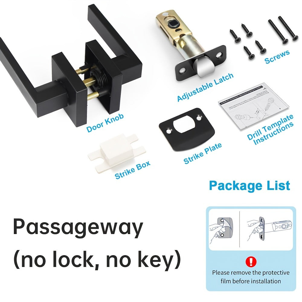 Matte Black Square Door Handle Set – Interior Passage Door Knob for Hall & Closet, Heavy-Duty Left & Right Hand Compatible, Modern Hardware
