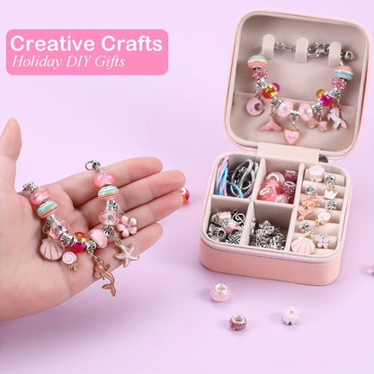 Bracelet Making Craft Kit with Portable Jewelry Box, Beads and Charms in Seven Color or Theme Options