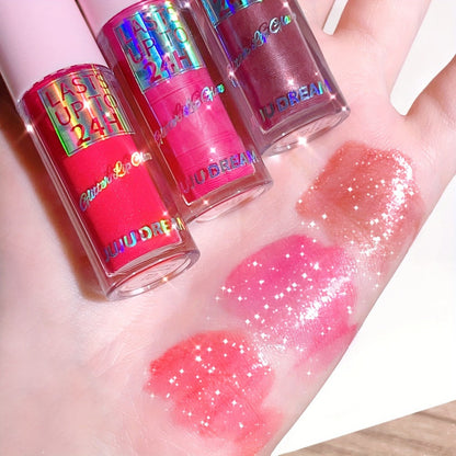 24H Waterproof Glitter Lip Gloss & Lip Stain Set 3PCS – Moisturizing Lip Oil Formula, Long-Lasting Smudge-Proof Glitter Shine in Berry Coral Pink Red Shades for Women All Skin Tones