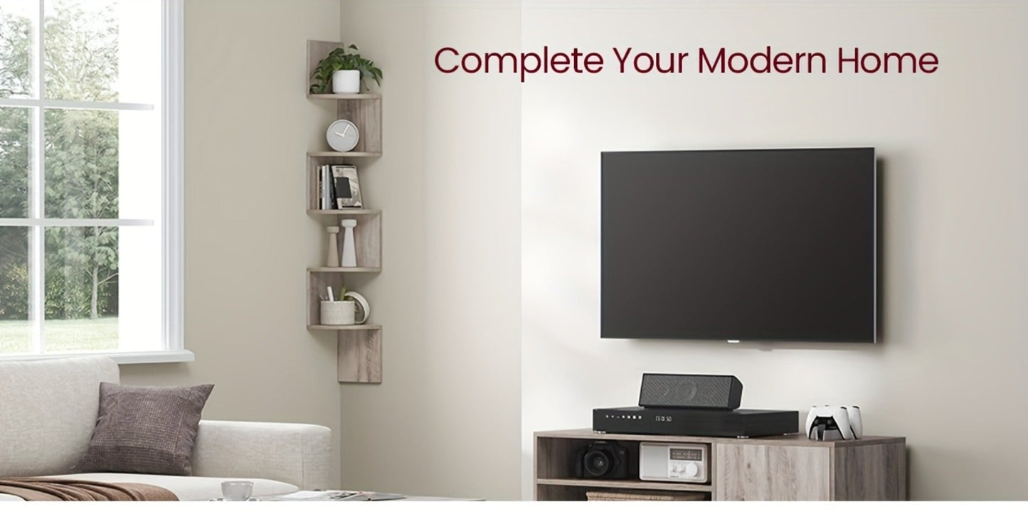 Corner Floating Shelf 5-Tier Wall Mount, Space Saving Storage Rack for Bedroom Living Room, Radial Display Organizer, Easy Install, 7.9"×7.9"×49.6", Black White Brown Greige Beige