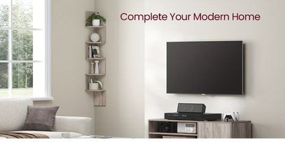 Corner Floating Shelf 5-Tier Wall Mount, Space Saving Storage Rack for Bedroom Living Room, Radial Display Organizer, Easy Install, 7.9"×7.9"×49.6", Black White Brown Greige Beige